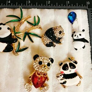 5 Vintage Style Panda Brooch Enamel Bamboo Branch Pin Gold Tone Green & White